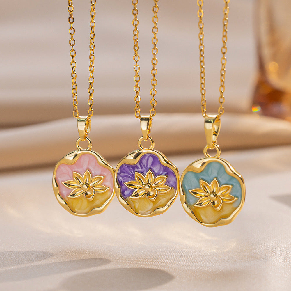 JJN0007 Wholesale 18K Gold Plated Oil Painting Flower Pearl Pendant Necklace Stainless Steel Enamel Vintage Jewelry Necklace